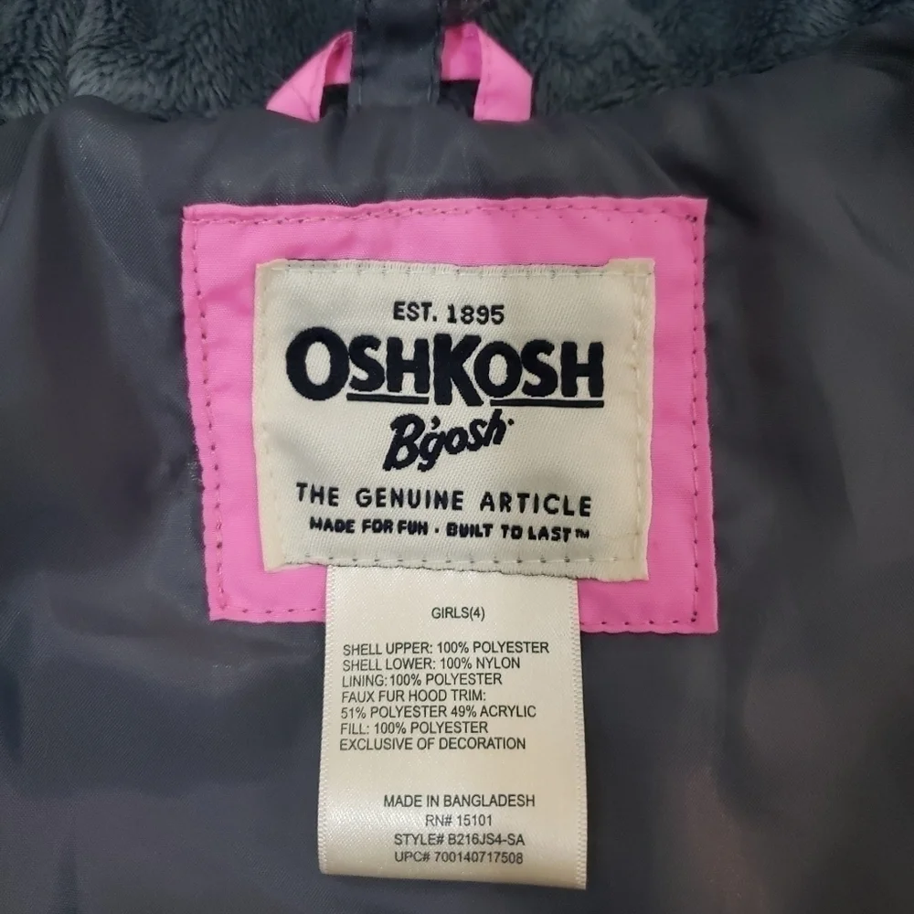 Osh Kosh B'gosh Girls Hooded Puffer Coat Size S(4) Pink Nylon Lining.